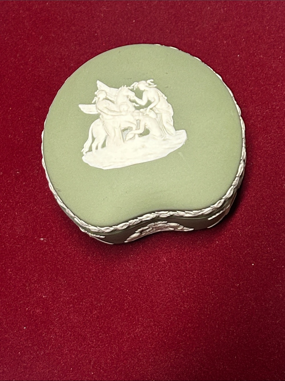 Slightly used Classic Green Jasperware Trinket Box with White Relief